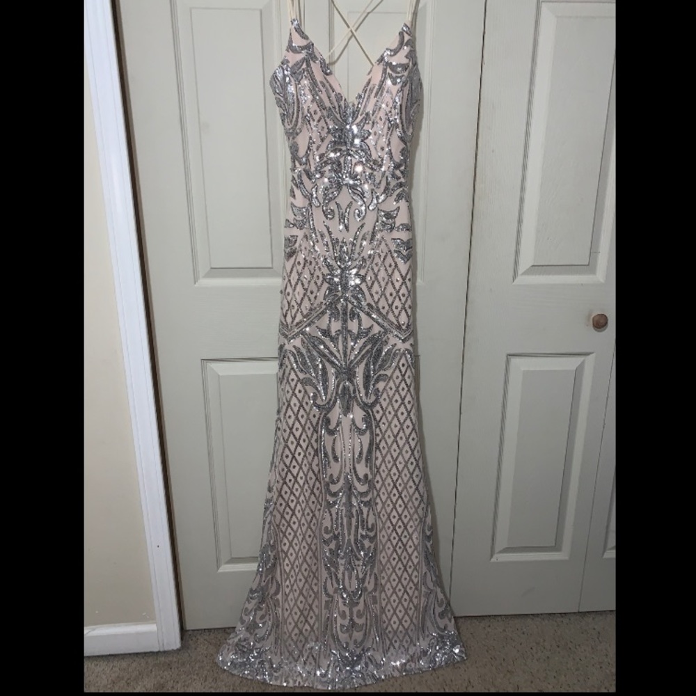 Long pink and silver dress. Beautiful and I love it but it is too small for me